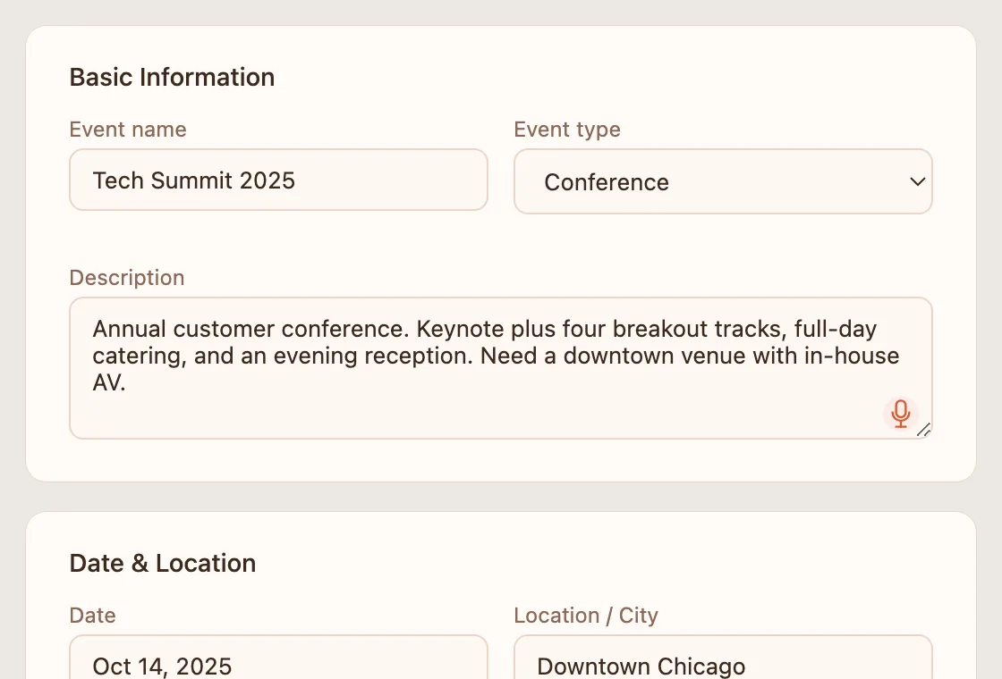 New event form with the event name, type, and a spoken description of a 500-guest tech summit