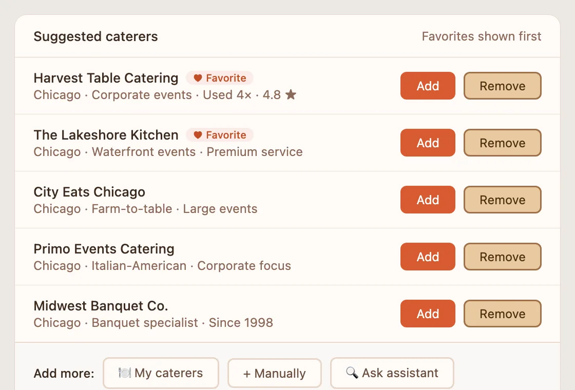 Suggested caterers list with favorites first and options to add from contacts or ask the assistant